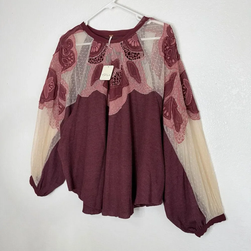Free People Toni Tunic Top MEDIUM Mulberry Burgundy Embroidered Lace Waffle Boho